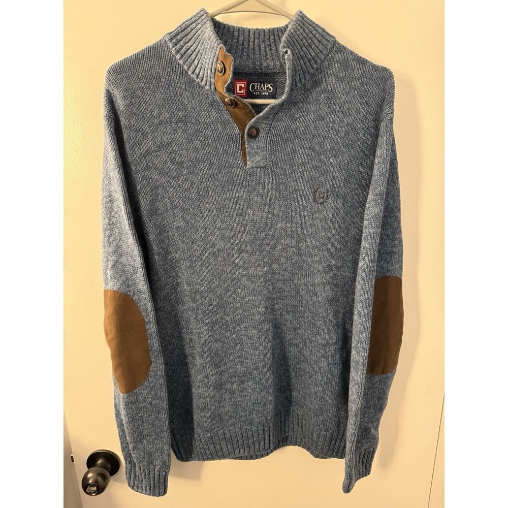 Chaps Ralph Lauren Sweater Mens M Blue Knit Button Mock Neck Elbow Patches